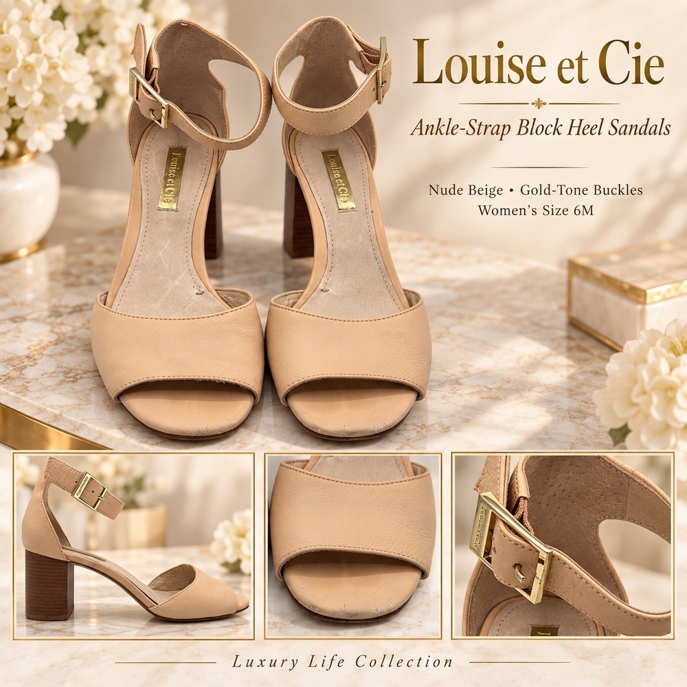Louise et Cie Women's Size 6 Leather Ankle Strap Block Heel Sandals Slip-on